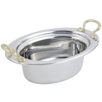 Bon Chef 5403HR 13" x 9" x 5" Stainless Steel 3.75 Qt. Full Size Oval Laurel Design Food Pan with Round Brass Handles