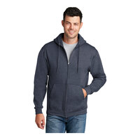 Port & Company PC78ZH Customizable Heather Navy Core Fleece Full-Zip Hoodie Sweatshirt - Cotton / Poly Blend - Medium