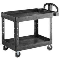 Rubbermaid FG452088BLA Black Medium Lipped Two Shelf Utility Cart with Ergonomic Handle