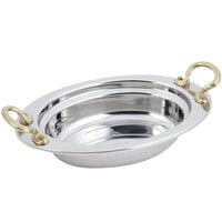 Bon Chef 5204HR 13 inch x 9 inch x 3 inch Stainless Steel 2 Qt. Full Size Oval Plain Design Food Pan with Round Brass Handles