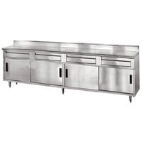 Advance Tabco SDRC-3010 30" x 120" 14 Gauge Enclosed Base Stainless Steel Work Table with 4 Drawers, 4 Sliding Doors and 5" Backsplash
