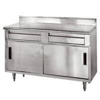 Advance Tabco SDRC-305 30" x 60" 14 Gauge Enclosed Base Stainless Steel Work Table with 2 Drawers, 2 Sliding Doors and 5" Backsplash