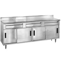 Advance Tabco SDRC-307 30" x 84" 14 Gauge Enclosed Base Stainless Steel Work Table with 3 Drawers, 4 Sliding Doors and 5" Backsplash