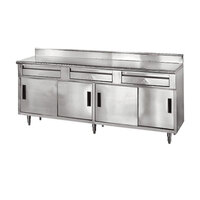Advance Tabco SDRC-308 30" x 96" 14 Gauge Enclosed Base Stainless Steel Work Table with 3 Drawers, 4 Sliding Doors and 5" Backsplash