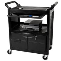 Rubbermaid FG345700BLA Black Utility Cart with Lockable Doors and Sliding Drawer