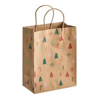 Choice 8" x 4 1/2" x 10 1/4" Natural Kraft Paper Shopping Bag with Modern Holiday Print and Handles - 250/Case
