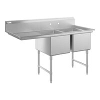 Regency 64 1/2" Two Compartment Commercial Sink with Stainless Steel Legs, Cross Bracing, 24" Left Drainboard, and 18" x 24" x 14" Sink Bowls