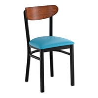 Lancaster Table & Seating Boomerang Black Finish Chair with Blue Vinyl Seat and Antique Walnut Wood Back - Unassembled