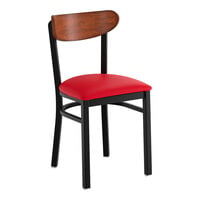 Lancaster Table & Seating Boomerang Black Finish Chair with Red Vinyl Seat and Antique Walnut Wood Back - Unassembled