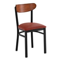 Lancaster Table & Seating Boomerang Black Finish Chair with Burgundy Vinyl Seat and Antique Walnut Wood Back - Unassembled