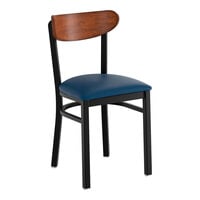 Lancaster Table & Seating Boomerang Black Finish Chair with Navy Vinyl Seat and Antique Walnut Wood Back - Unassembled