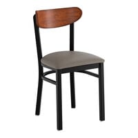 Lancaster Table & Seating Boomerang Black Finish Chair with Dark Gray Vinyl Seat and Antique Walnut Wood Back - Unassembled