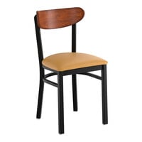 Lancaster Table & Seating Boomerang Black Finish Chair with Light Brown Vinyl Seat and Antique Walnut Wood Back - Unassembled