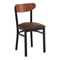 Lancaster Table & Seating Boomerang Black Finish Chair with Dark Brown Vinyl Seat and Antique Walnut Wood Back - Unassembled