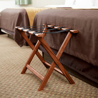 CSL 277LT Wood Folding Flat Top Bulk Luggage Rack with Light Finish and Brown Straps - 6/Pack