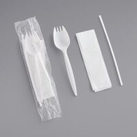 Choice Medium Weight White Wrapped Plastic Spork, Straw, and Napkin Kit - 1000/Case