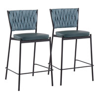 LumiSource Braided Tania Black Metal Counter Height Stool with Sea Green Braided Fabric Back and Faux Leather Seat - 2/Case