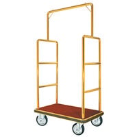 Aarco LC-1B Rectangular Stainless Steel Brass Finish Luggage Cart with Clothing Rail - 42 inch x 24 inch Platform