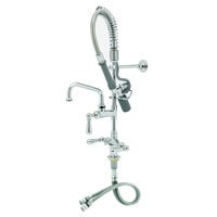 T&S MPW-2DCN-06 EasyInstall Deck Mounted 24 3/4" High Mini Pre-Rinse Faucet with Flex Inlets, Angled Low Flow Spray Valve, Club Handles, 24" Hose, 6" Add-On Faucet, and 6" Wall Bracket