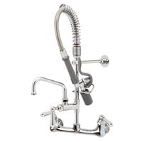 T&S MPY-8WCV-08-CR EasyInstall Wall Mounted 21 1/4" High Mini Pre-Rinse Faucet with Adjustable 8" Centers, Low Flow Spray Valve, Club Handles, 24" Hose, 8" Add-On Faucet, Vacuum Breaker, and 6" Wall Bracket