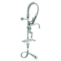T&S MPZ-2DCN-08 EasyInstall Deck Mounted 24 13/16" High Mini Pre-Rinse Faucet with Flex Inlets, Club Handles, 24" Hose, 8" Add-On Faucet, and 6" Wall Bracket