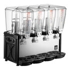 A quadruple 5-gallon bowl refrigerated beverage dispenser with four clear containers and individual spouts.