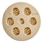 A circular gold pasta die with holes in it.