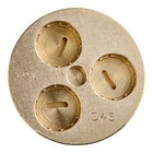 A circular brass Estella gnocchi pasta die with three holes in it.
