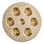 A circular brass Estella Fusilli Pasta Die with holes in it.