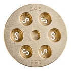 A circular brass Casarecce pasta die with holes in it.