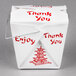 A white Fold-Pak Chinese take-out box with red thank you and enjoy messages.