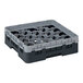 A black plastic Cambro glass rack with 20 compartments and 1 extender.