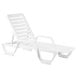 A pack of 6 white plastic Grosfillex chaise lounge chairs with armrests.