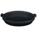 A black Tablecraft small oval casserole dish with blue speckles and handles.