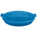 A sky blue Tablecraft small shallow oval casserole dish with handles.