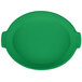 A green Tablecraft cast aluminum shallow oval casserole dish.