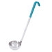 A Vollrath ladle with a stainless steel bowl and a teal handle.