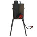 An R & V Works outdoor deep fryer with a red valve and legs.
