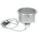 A silver Hatco drop-in heated soup well with wires and a drain.