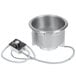 A stainless steel Hatco drop-in round heated soup well with a wire attached.