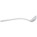 A natural cast aluminum ladle with a white curved handle.