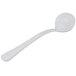A Tablecraft natural cast aluminum ladle with a long white handle.