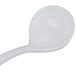 A Tablecraft natural cast aluminum long ladle with a white handle.