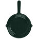 A hunter green cast aluminum fry pan with white speckles and a handle.