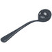 A Tablecraft black cast aluminum long ladle with a blue speckled handle.