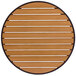 A BFM Seating Longport circular wood table top with black trim and brown stripes.