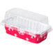 A red and white Durable Packaging holiday foil loaf pan with a clear lid.