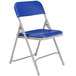 A National Public Seating gray metal folding chair with a blue plastic seat.