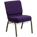A Flash Furniture Royal Purple church chair with a gold metal frame and a wire rack.