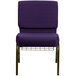 A Royal Purple Flash Furniture church chair with metal legs and a wire rack.